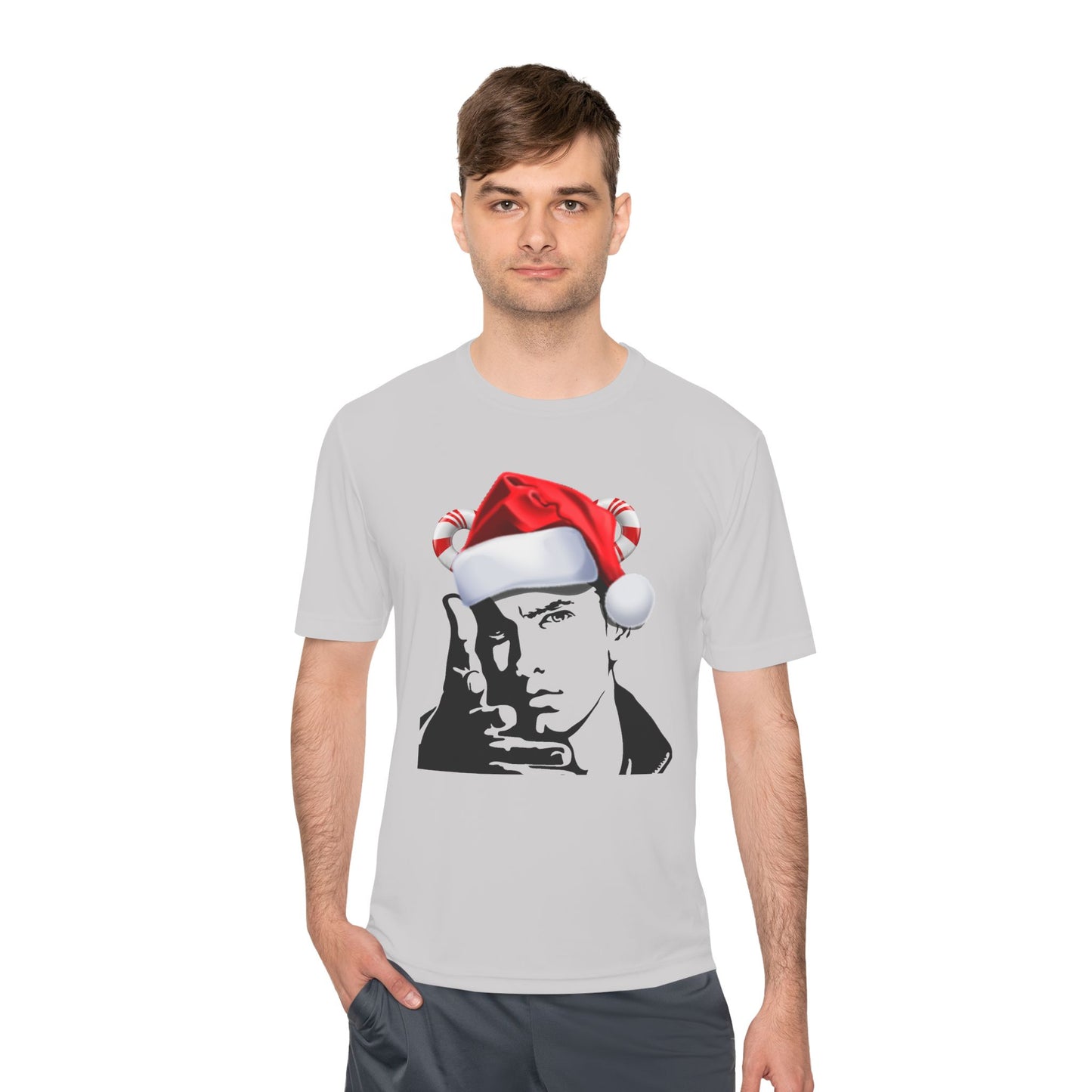 Holiday Rapper Portrait Tee — Santa Hat Graphic Moisture-Wicking T-Shirt