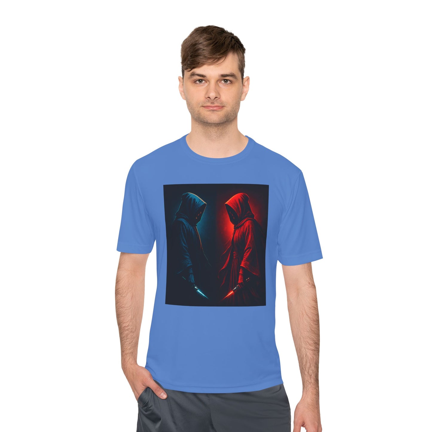 Hooded Figures Duel Graphic Tee — Red & Blue Neon Contrast