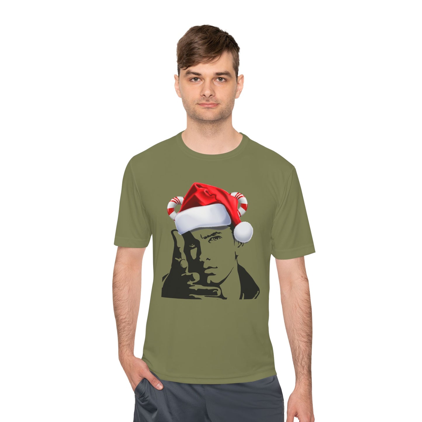 Holiday Rapper Portrait Tee — Santa Hat Graphic Moisture-Wicking T-Shirt