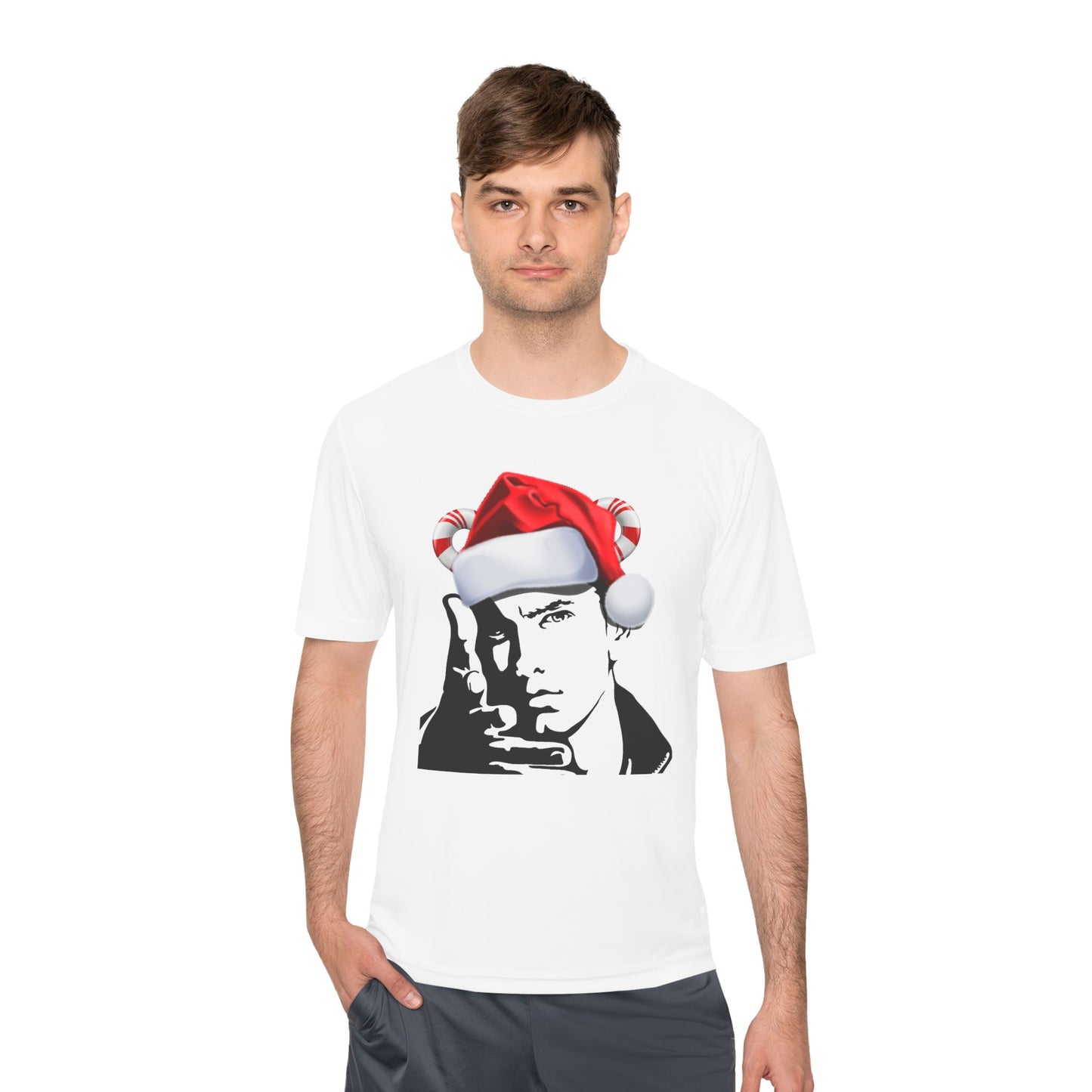 Holiday Rapper Portrait Tee — Santa Hat Graphic Moisture-Wicking T-Shirt