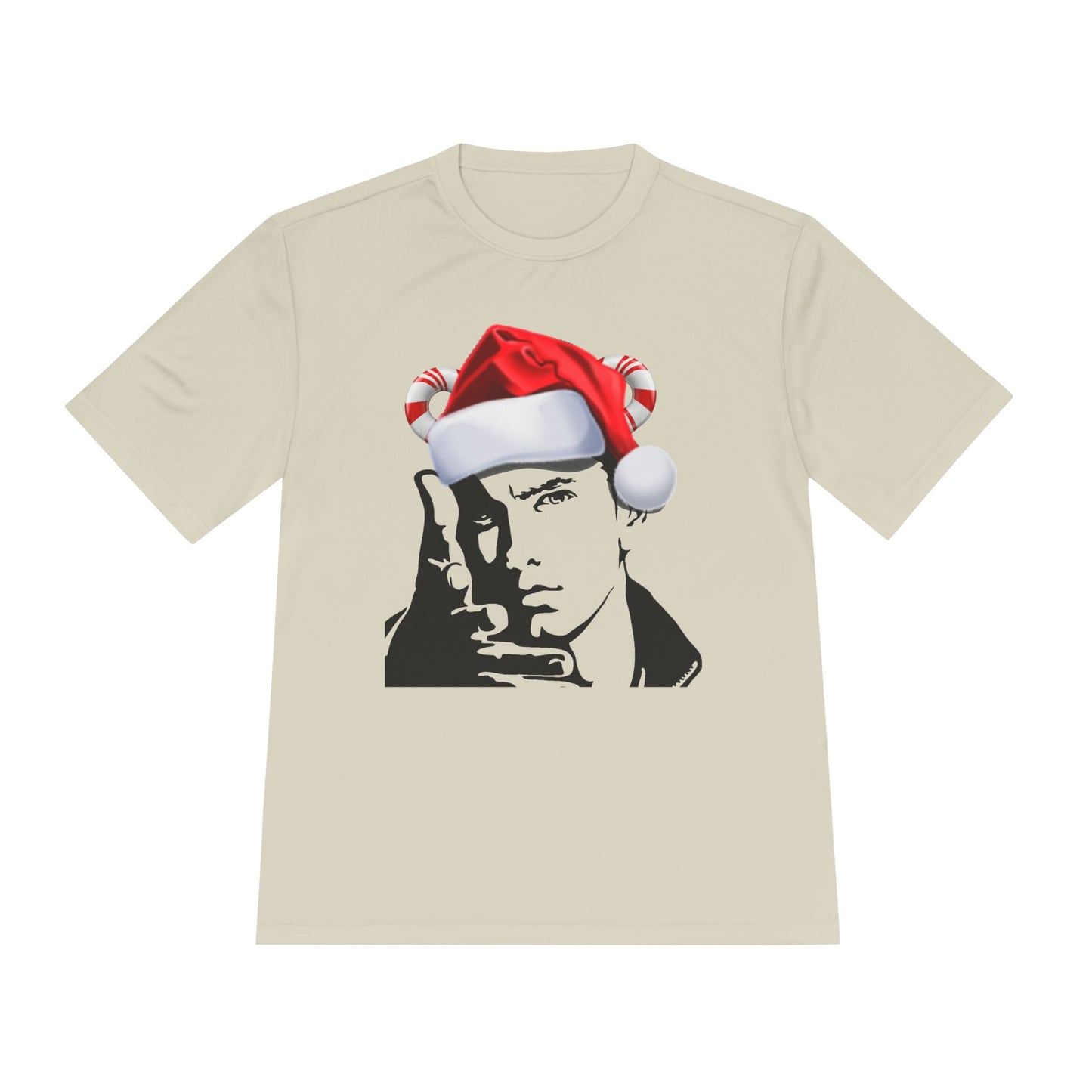 Holiday Rapper Portrait Tee — Santa Hat Graphic Moisture-Wicking T-Shirt