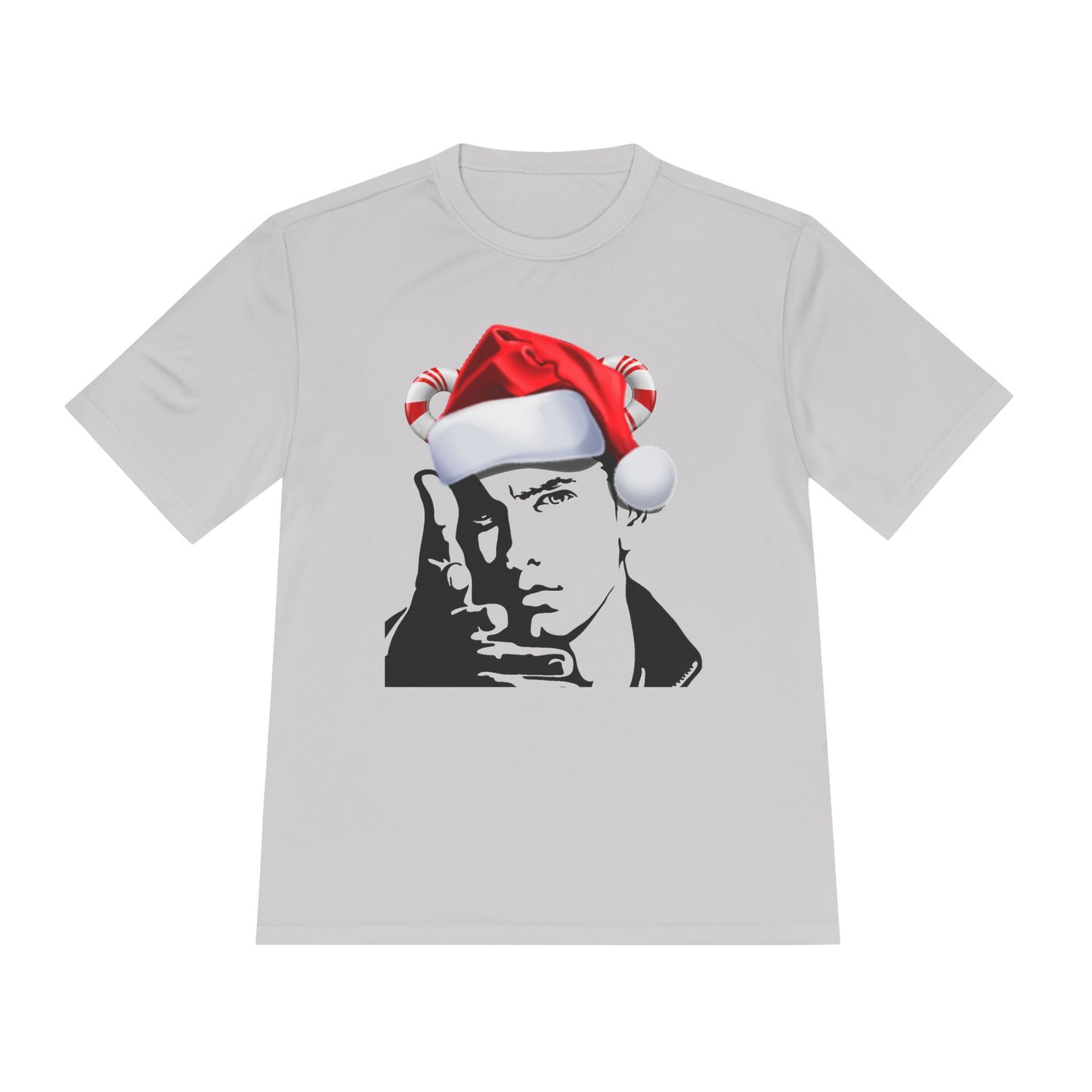 Holiday Rapper Portrait Tee — Santa Hat Graphic Moisture-Wicking T-Shirt