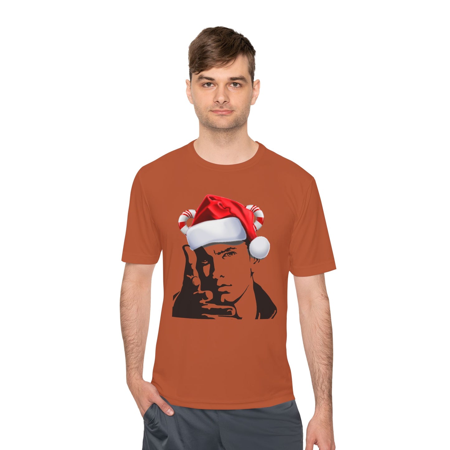 Holiday Rapper Portrait Tee — Santa Hat Graphic Moisture-Wicking T-Shirt