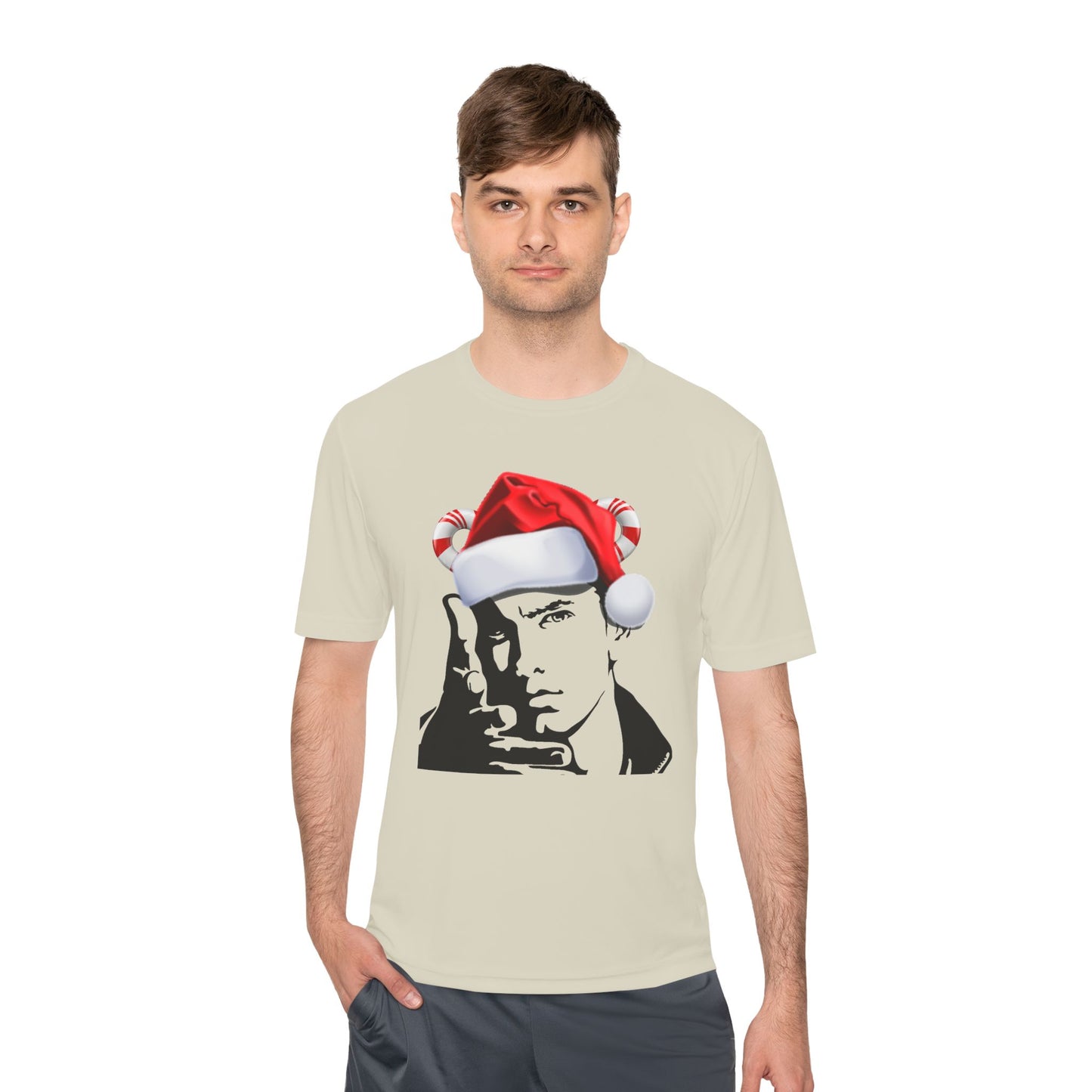 Holiday Rapper Portrait Tee — Santa Hat Graphic Moisture-Wicking T-Shirt