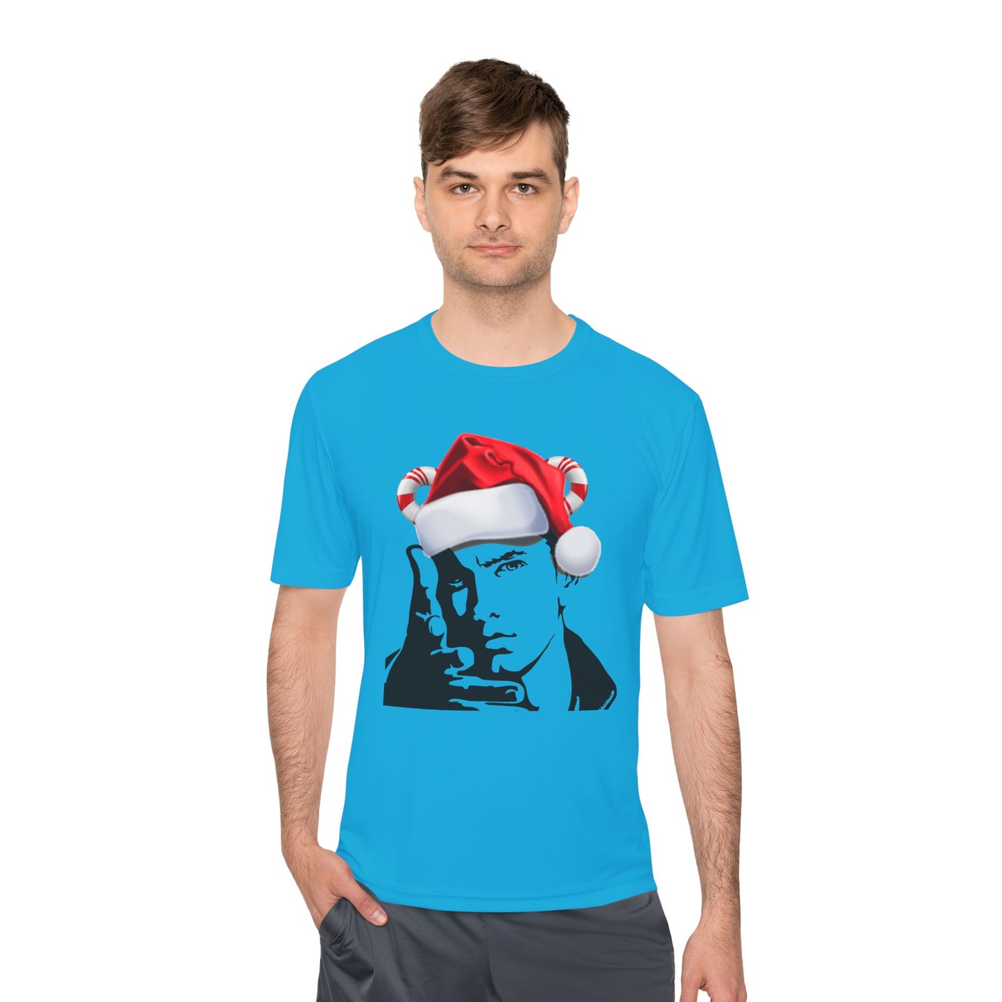 Holiday Rapper Portrait Tee — Santa Hat Graphic Moisture-Wicking T-Shirt