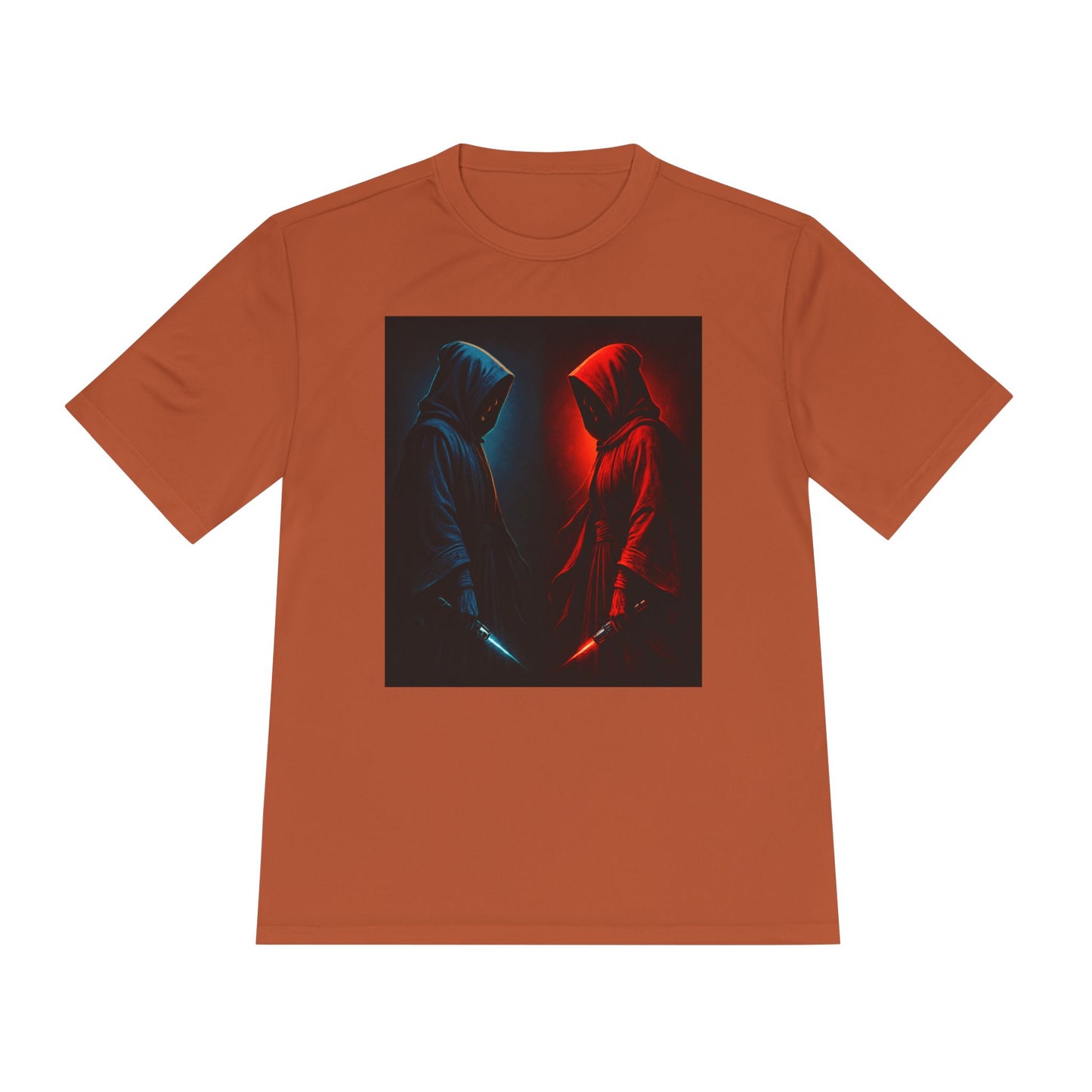 Hooded Figures Duel Graphic Tee — Red & Blue Neon Contrast