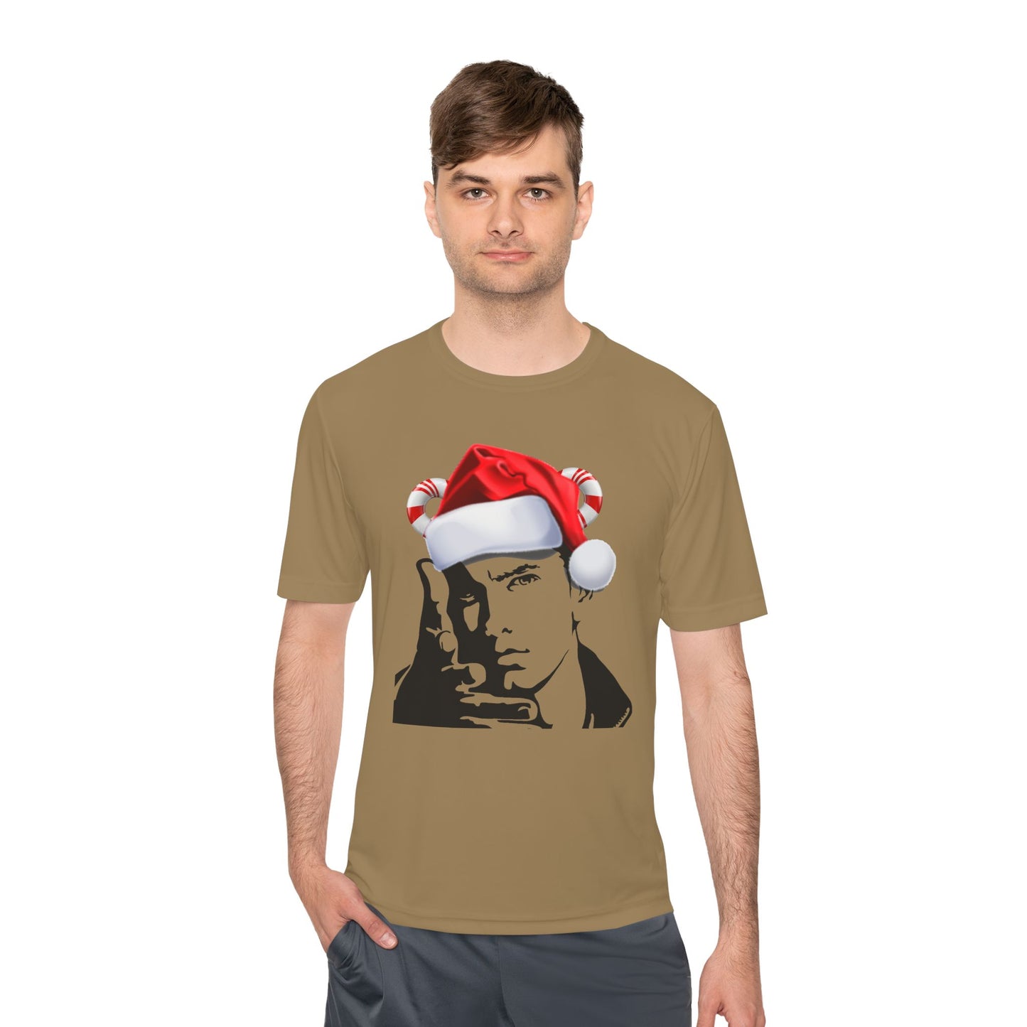 Holiday Rapper Portrait Tee — Santa Hat Graphic Moisture-Wicking T-Shirt