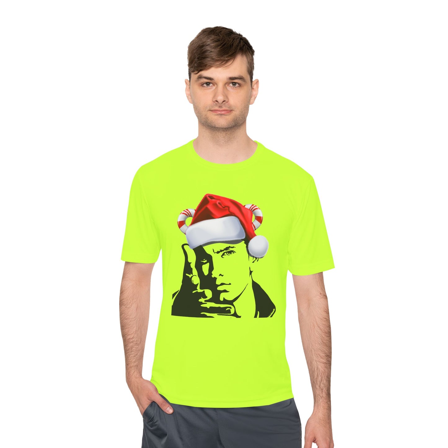 Holiday Rapper Portrait Tee — Santa Hat Graphic Moisture-Wicking T-Shirt