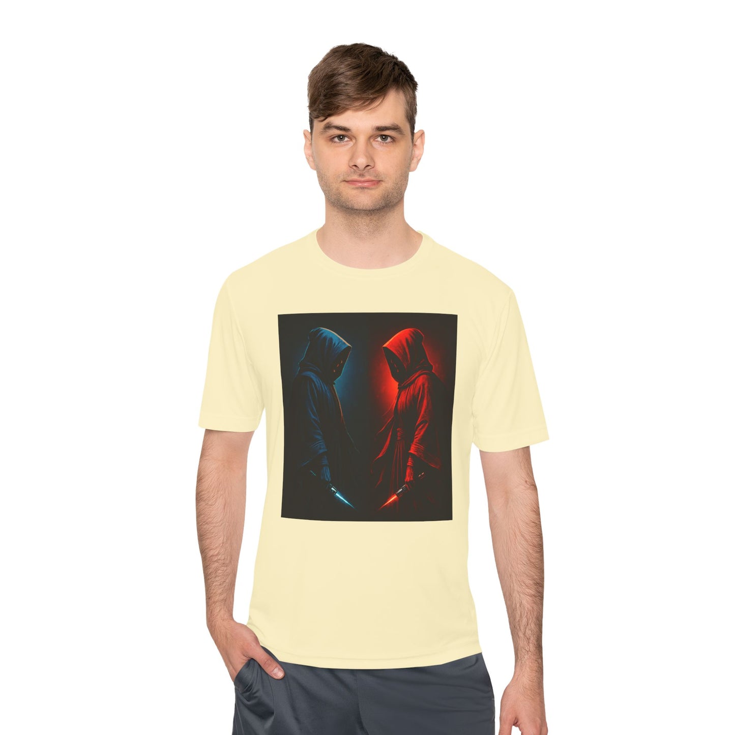 Hooded Figures Duel Graphic Tee — Red & Blue Neon Contrast