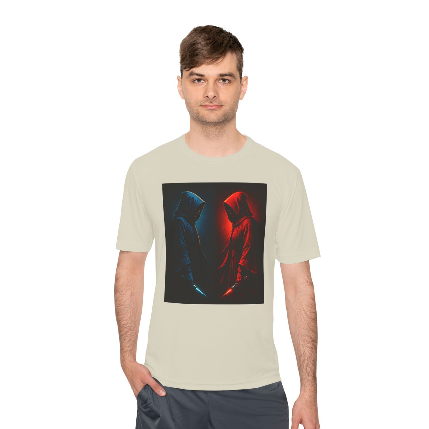 Hooded Figures Duel Graphic Tee — Red & Blue Neon Contrast
