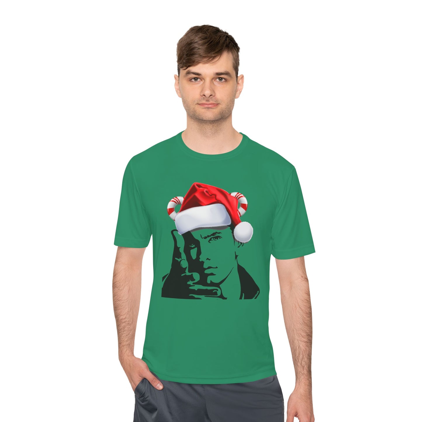 Holiday Rapper Portrait Tee — Santa Hat Graphic Moisture-Wicking T-Shirt