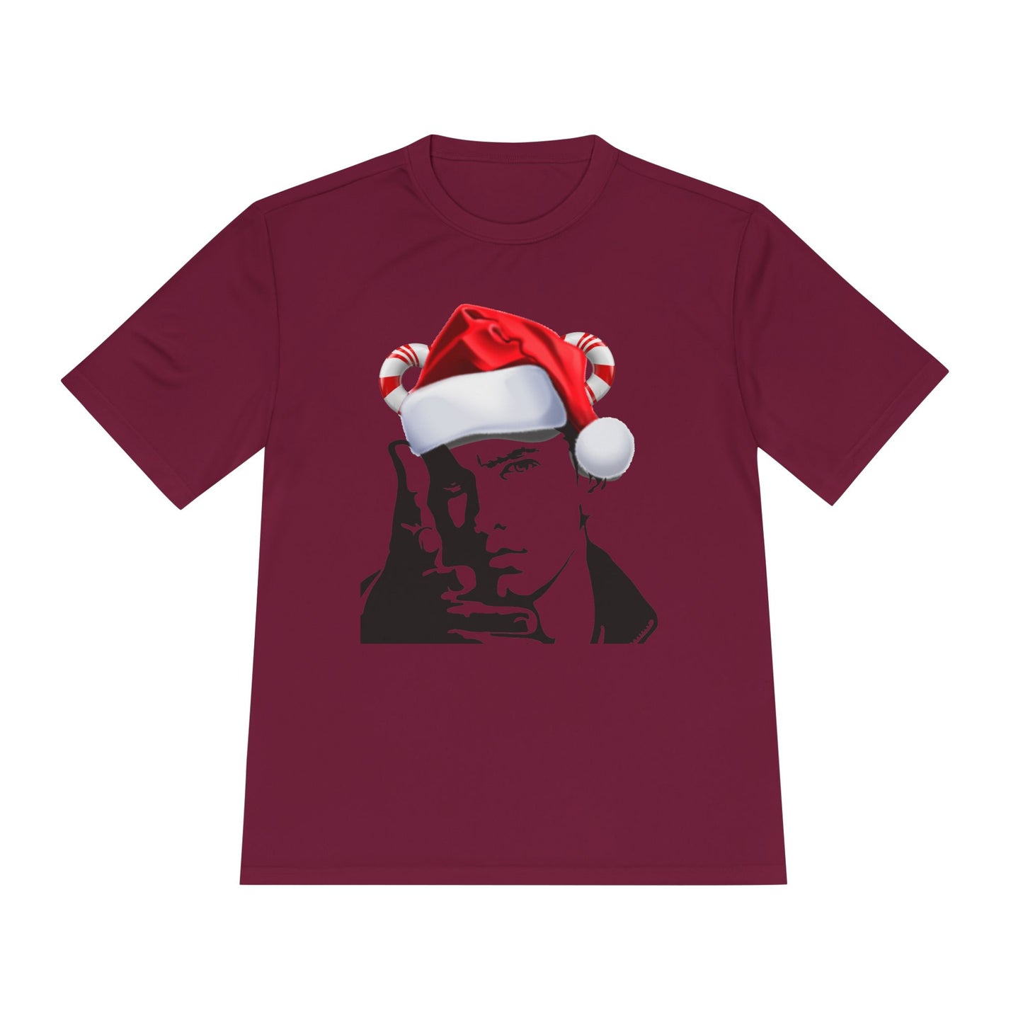 Holiday Rapper Portrait Tee — Santa Hat Graphic Moisture-Wicking T-Shirt