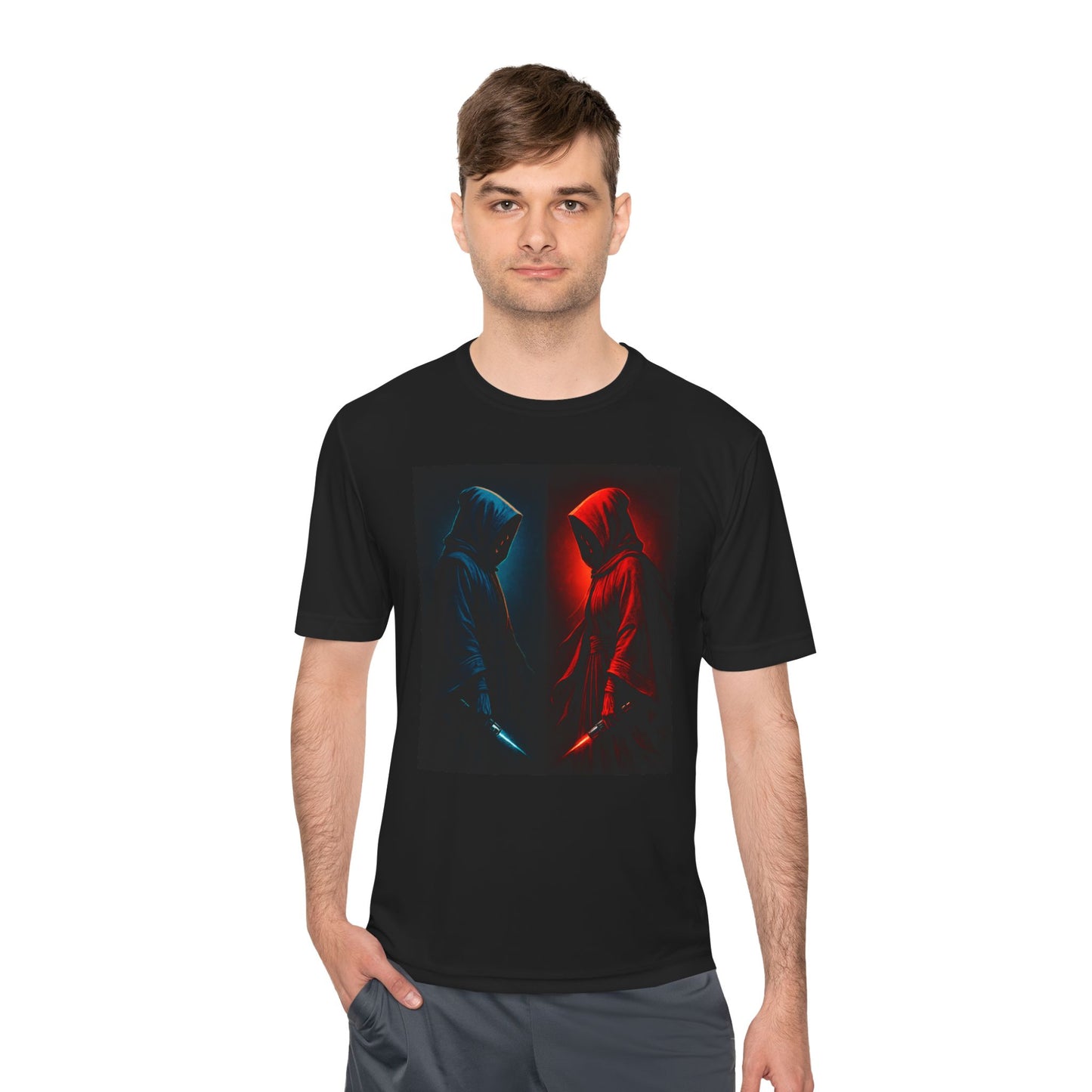 Hooded Figures Duel Graphic Tee — Red & Blue Neon Contrast
