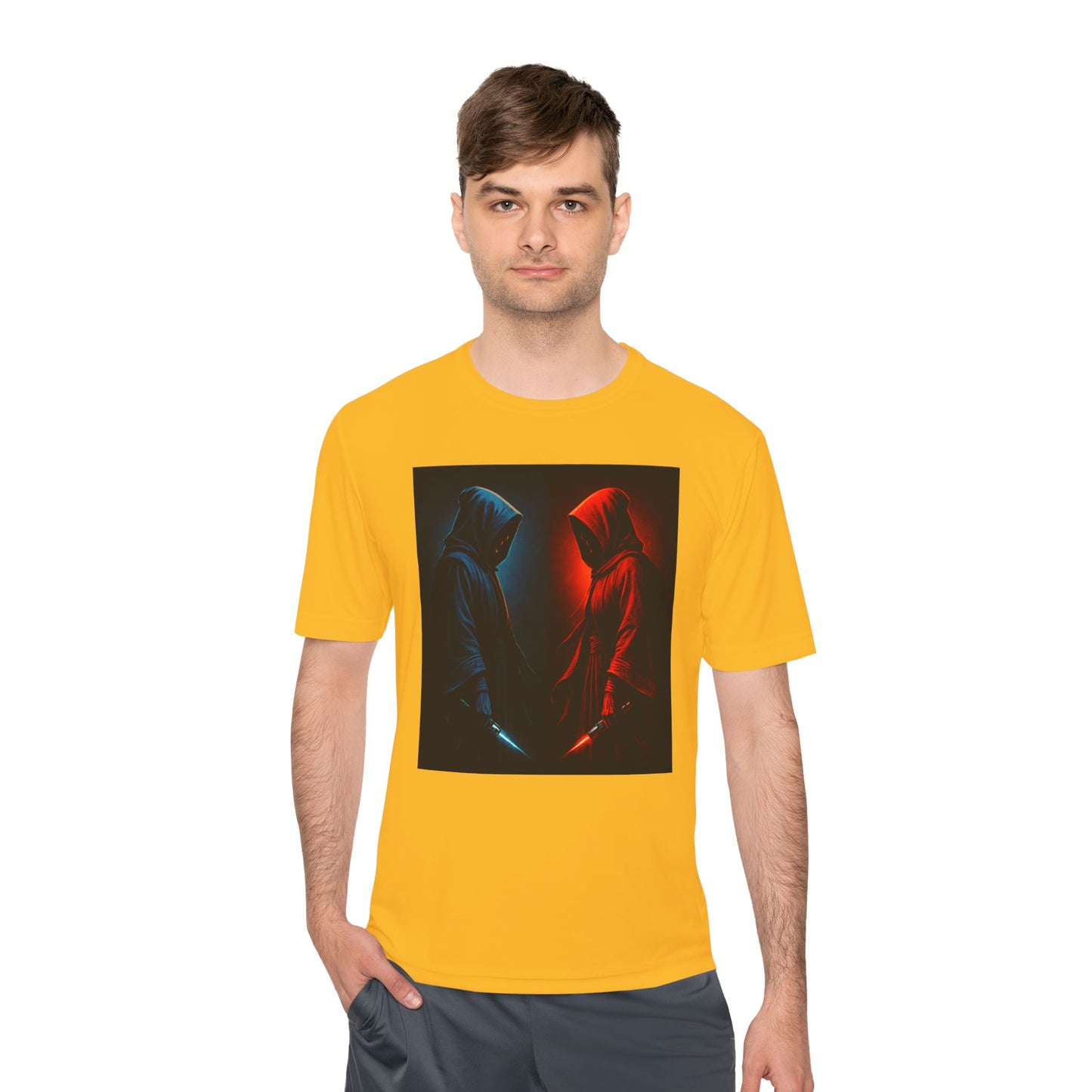 Hooded Figures Duel Graphic Tee — Red & Blue Neon Contrast
