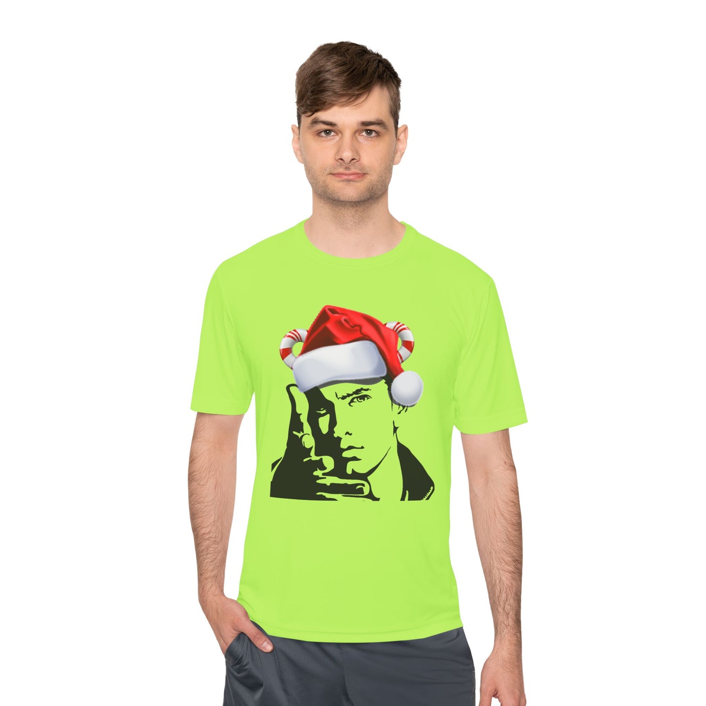Holiday Rapper Portrait Tee — Santa Hat Graphic Moisture-Wicking T-Shirt