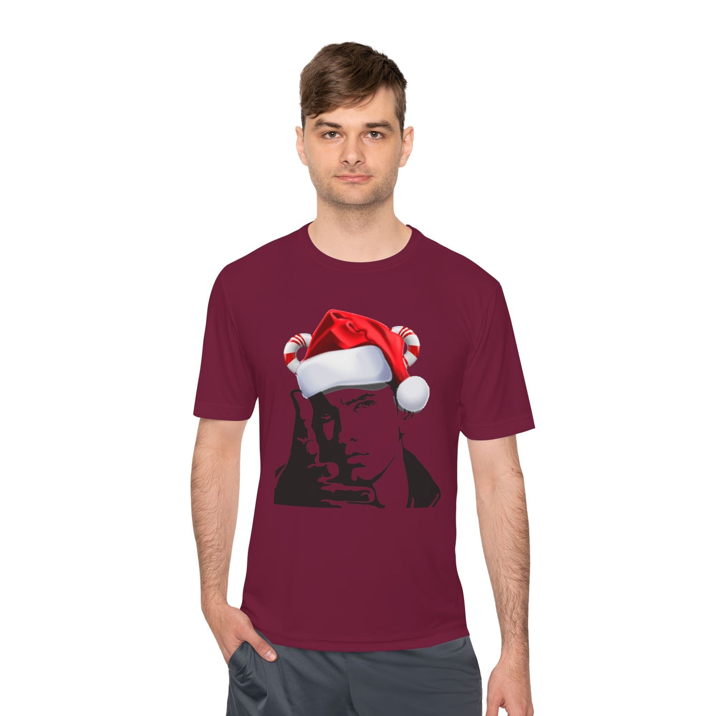 Holiday Rapper Portrait Tee — Santa Hat Graphic Moisture-Wicking T-Shirt