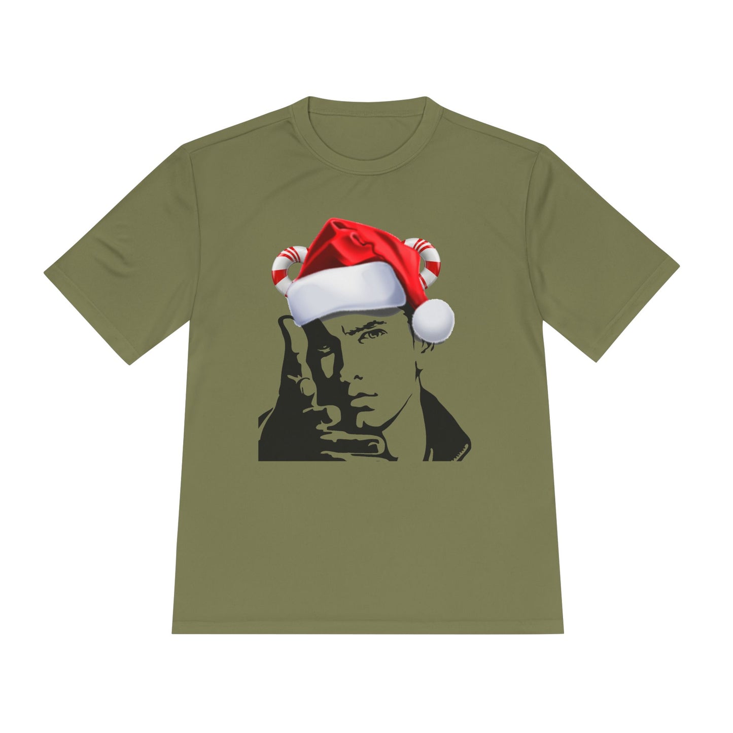 Holiday Rapper Portrait Tee — Santa Hat Graphic Moisture-Wicking T-Shirt