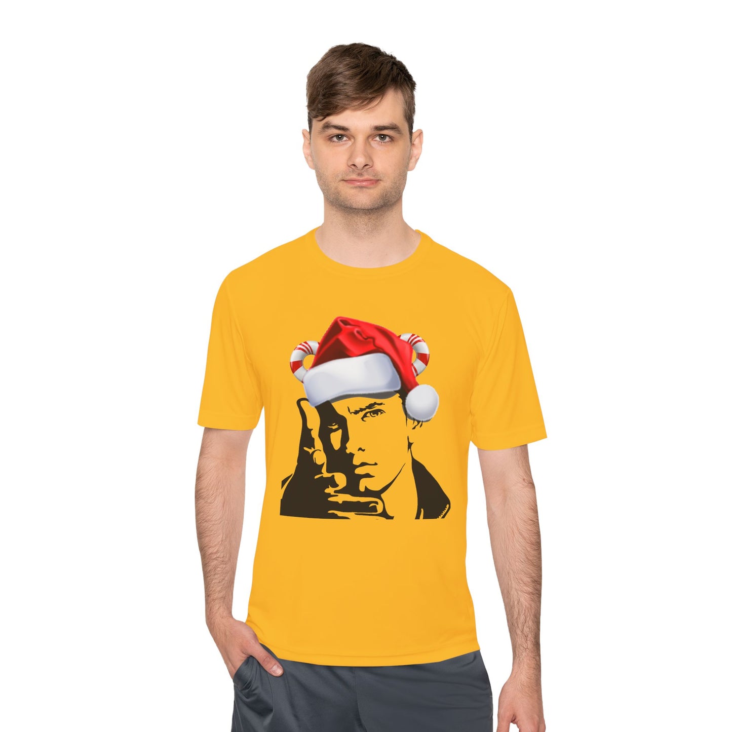 Holiday Rapper Portrait Tee — Santa Hat Graphic Moisture-Wicking T-Shirt