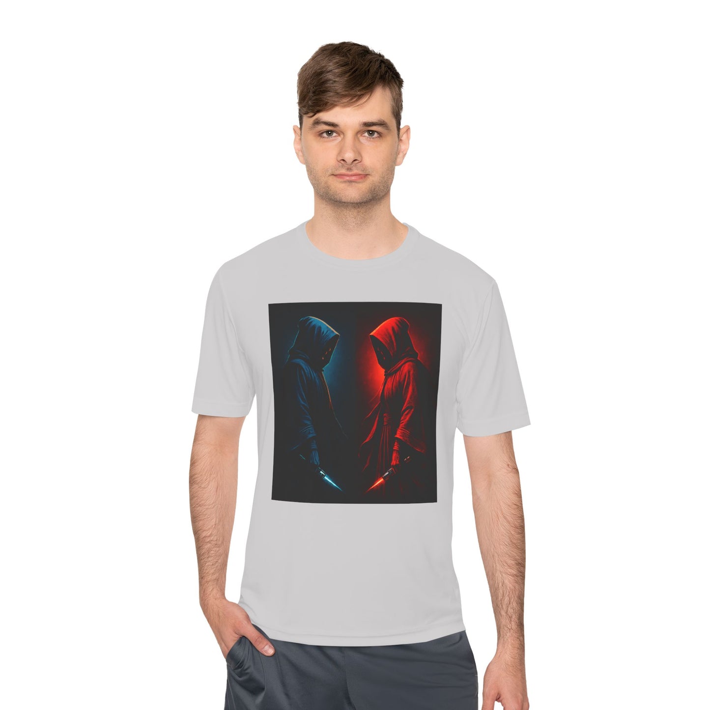 Hooded Figures Duel Graphic Tee — Red & Blue Neon Contrast