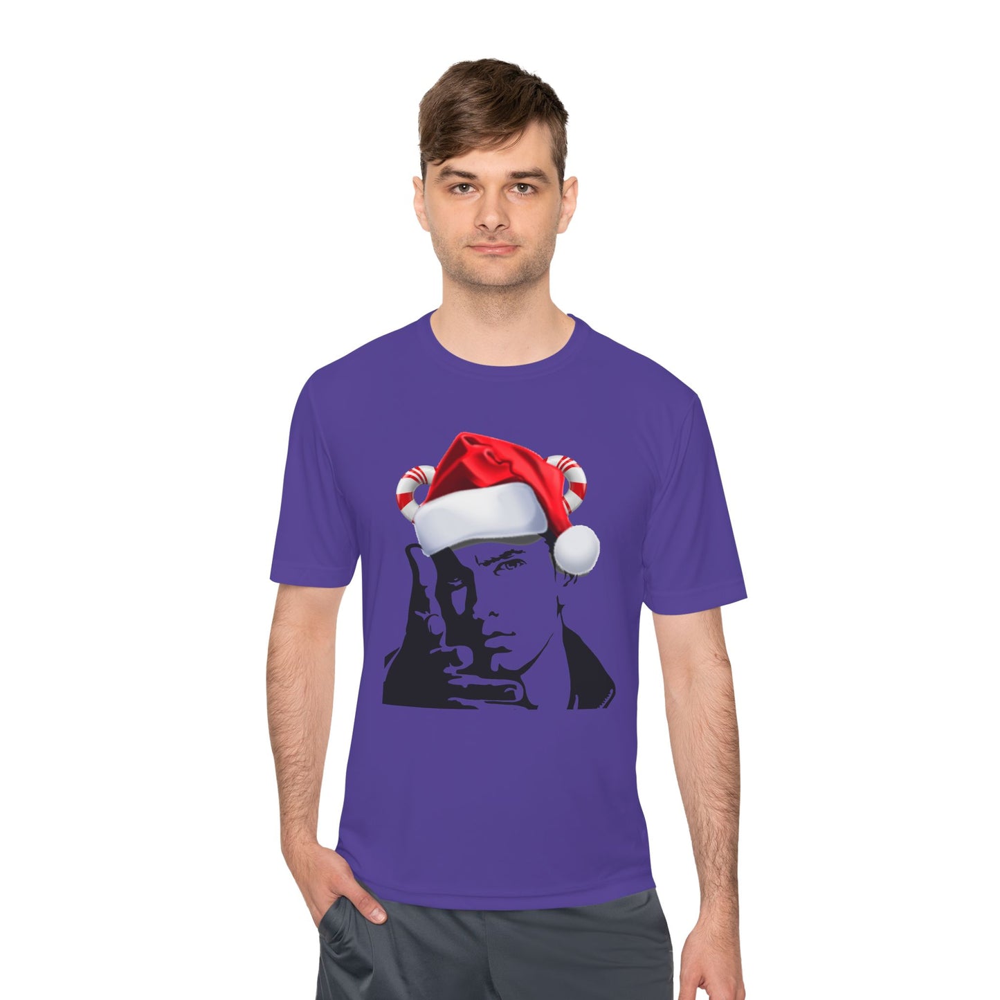 Holiday Rapper Portrait Tee — Santa Hat Graphic Moisture-Wicking T-Shirt