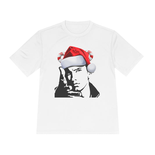Holiday Rapper Portrait Tee — Santa Hat Graphic Moisture-Wicking T-Shirt