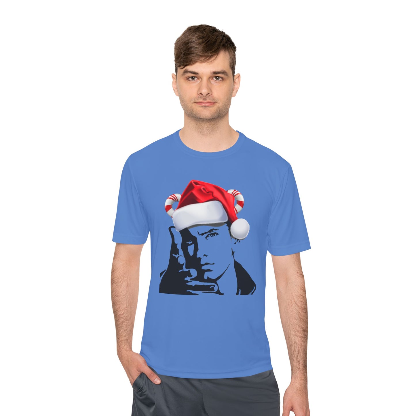 Holiday Rapper Portrait Tee — Santa Hat Graphic Moisture-Wicking T-Shirt