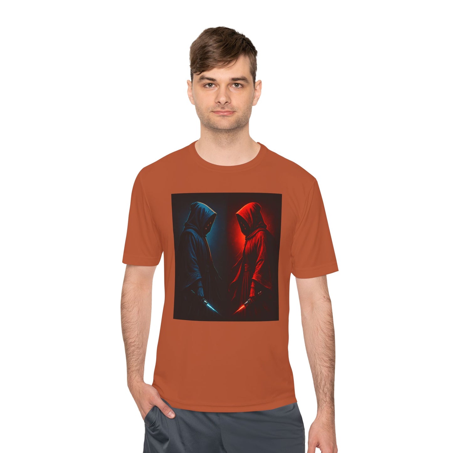 Hooded Figures Duel Graphic Tee — Red & Blue Neon Contrast