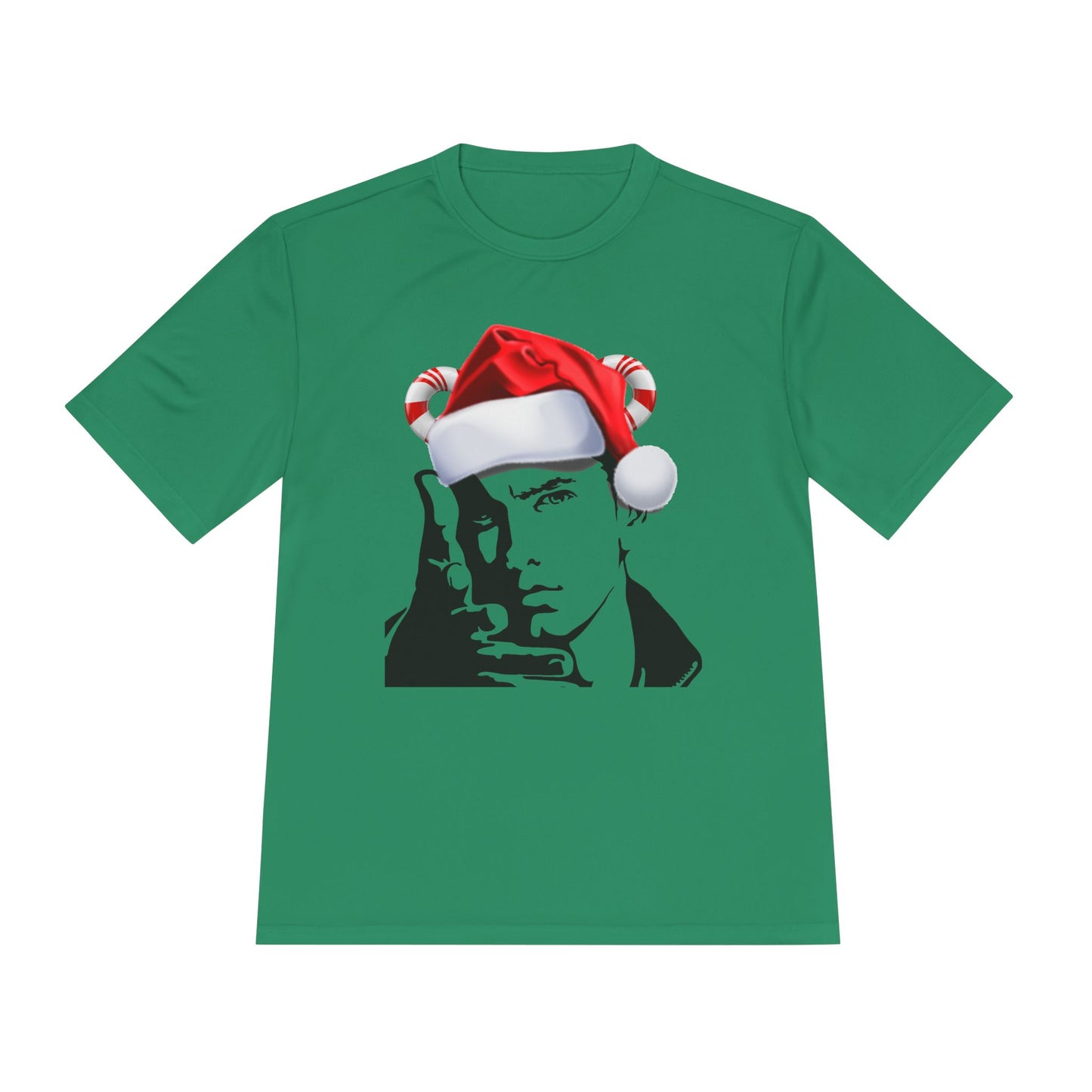 Holiday Rapper Portrait Tee — Santa Hat Graphic Moisture-Wicking T-Shirt