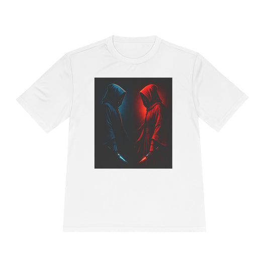 Hooded Figures Duel Graphic Tee — Red & Blue Neon Contrast