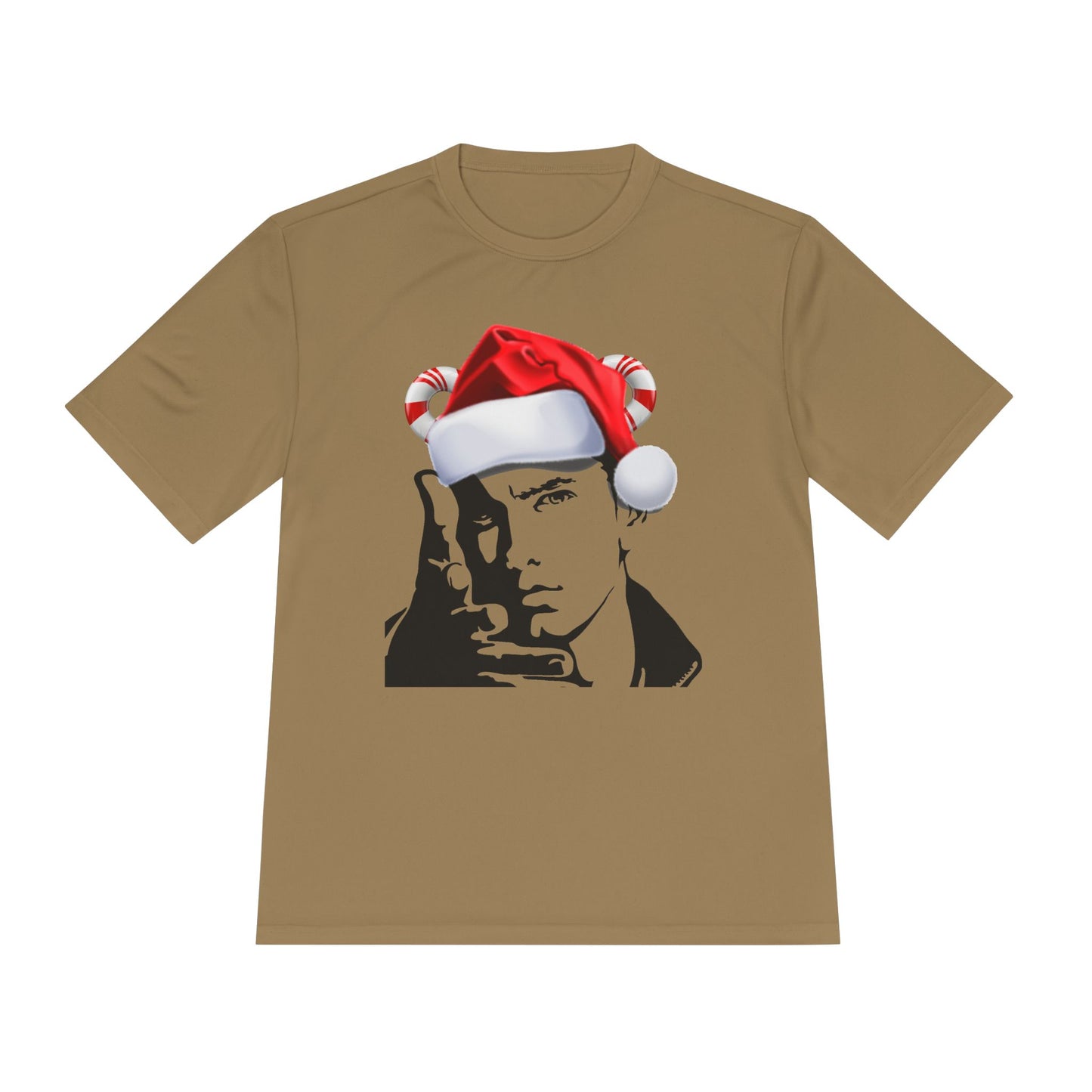 Holiday Rapper Portrait Tee — Santa Hat Graphic Moisture-Wicking T-Shirt