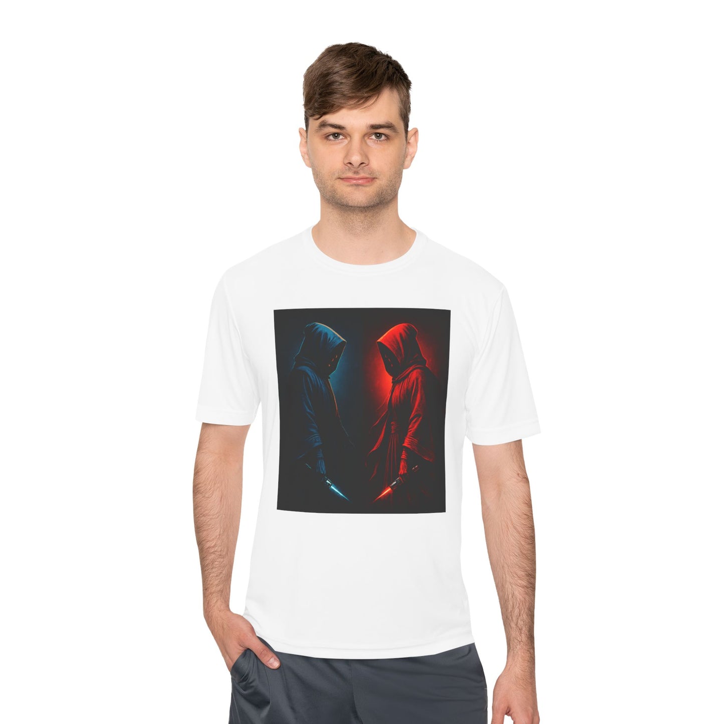 Hooded Figures Duel Graphic Tee — Red & Blue Neon Contrast